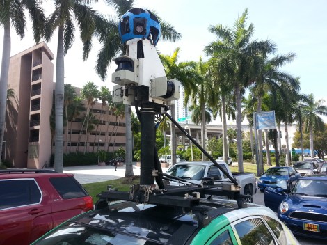 The GoogleMaps car has a 360-degree panoramic camera to generate the "StreetView" street-level features in GoogleMaps. Source: Matthew Toro. April 10, 2014. 