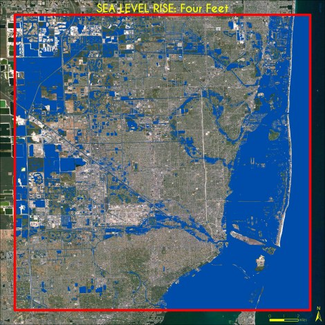 Four Feet Sea Level Rise, Miami. Data Source: Climate Central / High Water Line | Miami. Map Source: Matthew Toro. 2013.