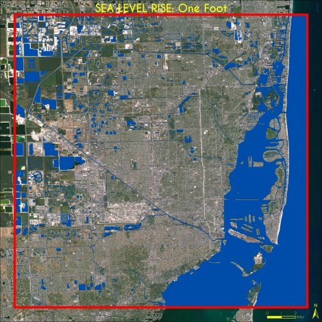 One Foot Sea Level Rise, Miami. Data Source: Climate Central / High Water Line | Miami. Map Source: Matthew Toro. 2013.