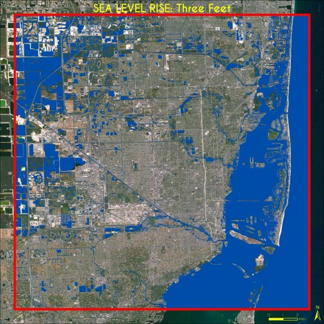 Three Feet Sea Level Rise, Miami. Data Source: Climate Central / High Water Line | Miami. Map Source: Matthew Toro. 2013.
