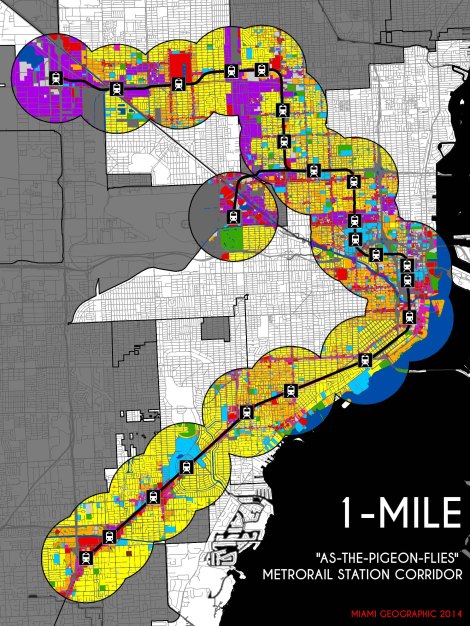Metrorail System 1-Mile Euclidean ("As-the-Pigeon-Flies") 2014 Land-Use Corridor. Source: Matthew Toro. 2014.