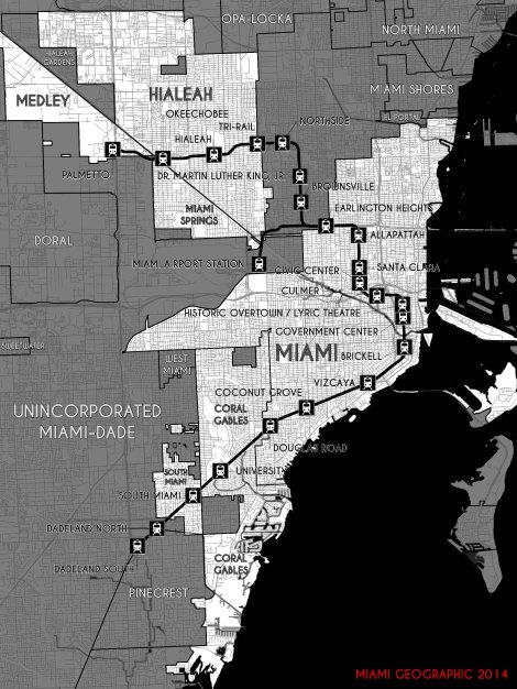 Miami's Metrorail System and Traversed Municipalities. Source: Matthew Toro. 2014.