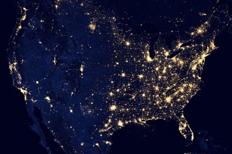 Contiguous US at Night, 2012. Data & Map Source: NASA Earth Observatory/NOAA NGDC. December 5, 2012.