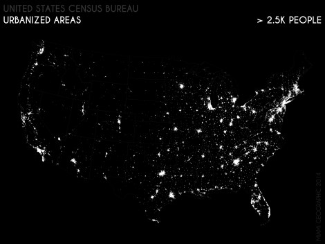 Urbanized Areas (>2.5K People, Complete), 2010. Data Source: US Census Bureau, 2010 Decennial Census. Map Source: Matthew Toro.