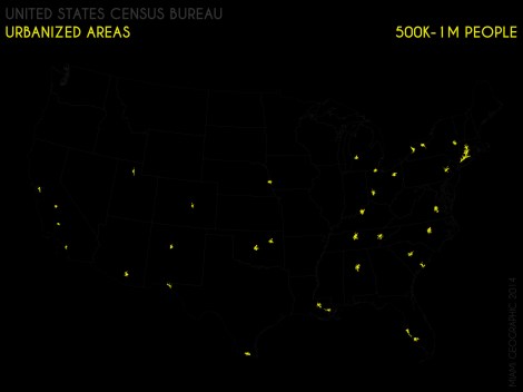 Urbanized Areas (500K-1M People), 2010. Data Source: US Census Bureau, 2010 Decennial Census. Map Source: Matthew Toro.