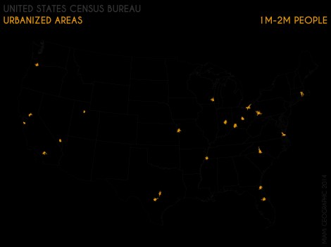 Urbanized Areas (1M-2M People), 2010. Data Source: US Census Bureau, 2010 Decennial Census. Map Source: Matthew Toro.
