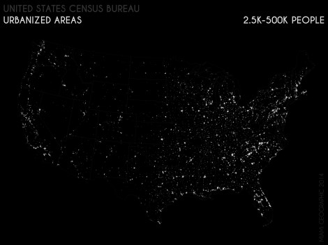 Urbanized Areas (2.5K-500K People), 2010. Data Source: US Census Bureau, 2010 Decennial Census. Map Source: Matthew Toro.