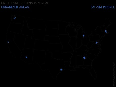 Urbanized Areas (3M-5M People), 2010. Data Source: US Census Bureau, 2010 Decennial Census. Map Source: Matthew Toro.