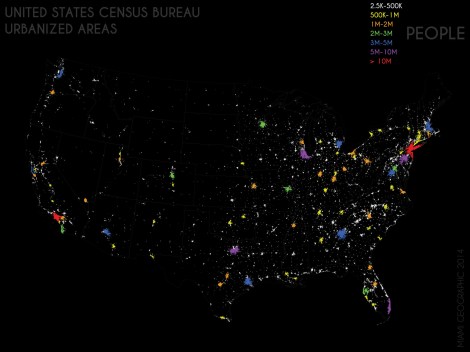 Urbanized Areas Stratified, 2010. Data Source: US Census Bureau, 2010 Decennial Census. Map Source: Matthew Toro. 2014.