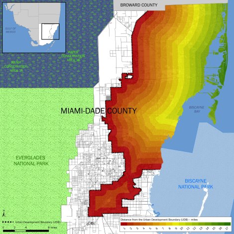Distance (in miles) from the Urban Development Boundary in Miami–Dade County, Florida. Map Source: Matthew Toro. 2013. [Reprinted with copyright clearance permission of Elsevier, publisher of the American Journal of Preventive Medicine.]