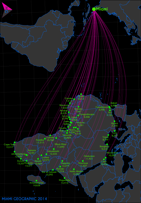 Miami Geodesic Distances (KM) to World Cities -- Africa View. Base Layer Data Source: Natural Earth. 2014. Map Source: Matthew Toro. 2014.