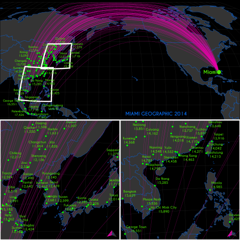 Miami Geodesic Distances (km) to World Cities -- (East) Asia View. Base Layer Data Source: Natural Earth. 2014. Map Source: Matthew Toro. 2014.