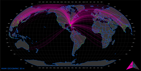 Miami Geodesic Distances to World Cities -- Global View. Base Layer Data Source: Natural Earth. 2014. Map Source: Matthew Toro. 2014.