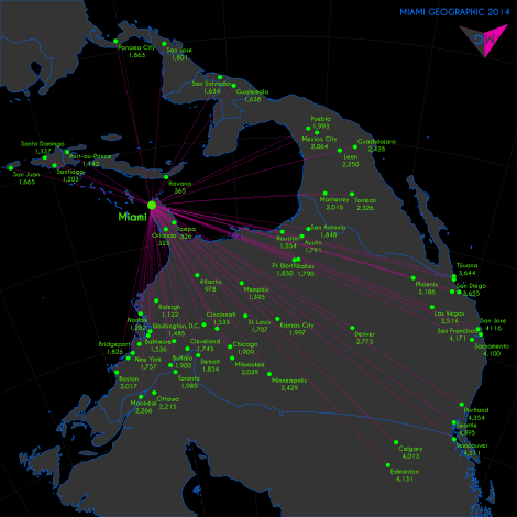 Miami Geodesic Distances (km) to World Cities -- North America View. Base Layer Data Source: Natural Earth. 2014. Map Source: Matthew Toro. 2014.