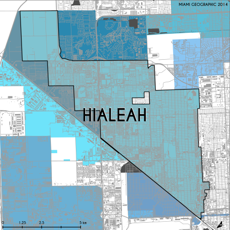 Miami-Dade Municipality: Hialeah, 2014. Source: Matthew Toro. 2014. [Note: Data used carry some minor geometric inaccuracies/errors. Not to be used for legal purposes.]