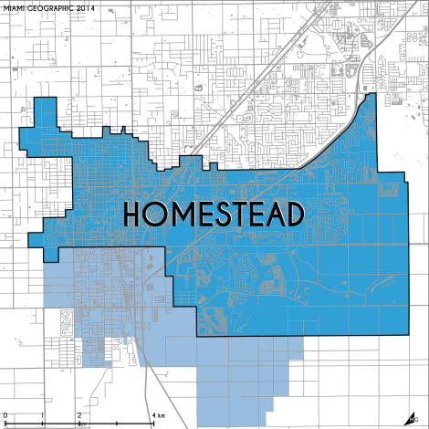 Miami-Dade Municipality: Homestead, 2014. Source: Matthew Toro. 2014. [Note: Data used carry some minor geometric inaccuracies/errors. Not to be used for legal purposes.]