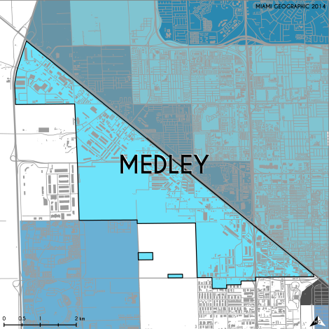 Miami-Dade Municipality: Medley, 2014. Source: Matthew Toro. 2014. [Note: Data used carry some minor geometric inaccuracies/errors. Not to be used for legal purposes.]