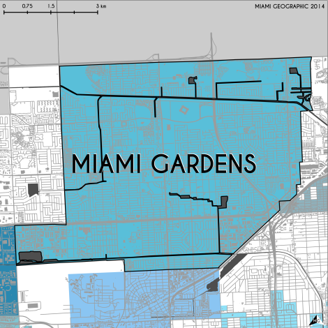 Miami-Dade Municipality: Miami Gardens, 2014. Source: Matthew Toro. 2014. [Note: Data used carry some minor geometric inaccuracies/errors. Not to be used for legal purposes.]