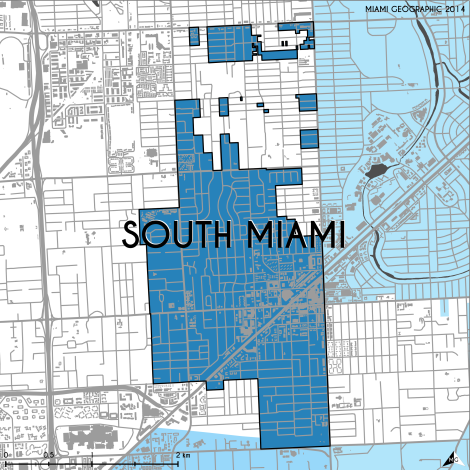 Miami-Dade Municipality: South Miami, 2014. Source: Matthew Toro. 2014. [Note: Data used carry some minor geometric inaccuracies/errors. Not to be used for legal purposes.]