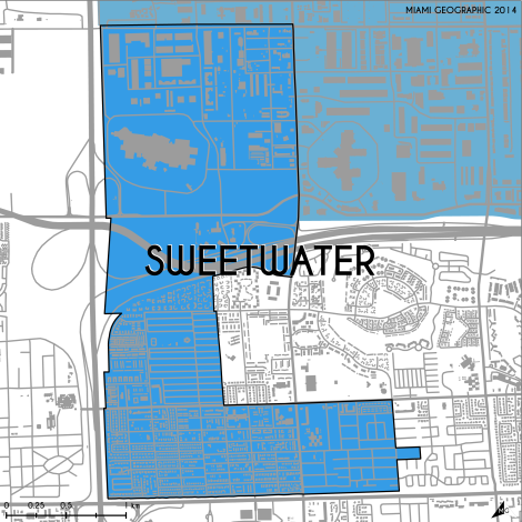 Miami-Dade Municipality: Sweetwater, 2014. Source: Matthew Toro. 2014. [Note: Data used carry some minor geometric inaccuracies/errors. Not to be used for legal purposes.]