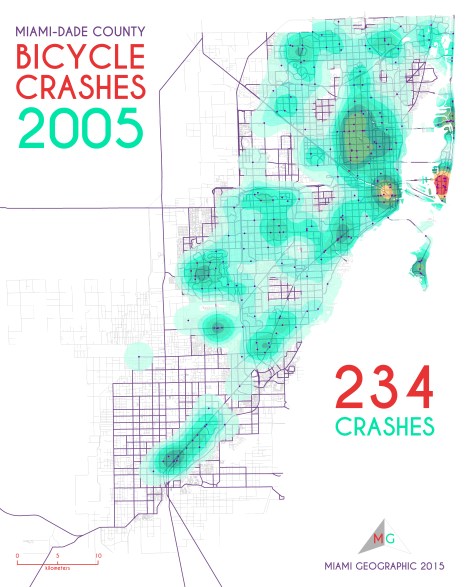 Miami-Dade Bicycle Crashes, 2005. Data Source: FDOT Safety Office. Map Source: Sebastien Lozano & Matthew Toro. 2015.