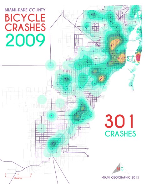 Miami-Dade Bicycle Crashes, 2009. Data Source: FDOT Safety Office. Map Source: Sebastien Lozano & Matthew Toro. 2015.