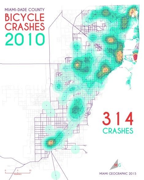 Miami-Dade Bicycle Crashes, 2010. Data Source: FDOT Safety Office. Map Source: Sebastien Lozano & Matthew Toro. 2015.