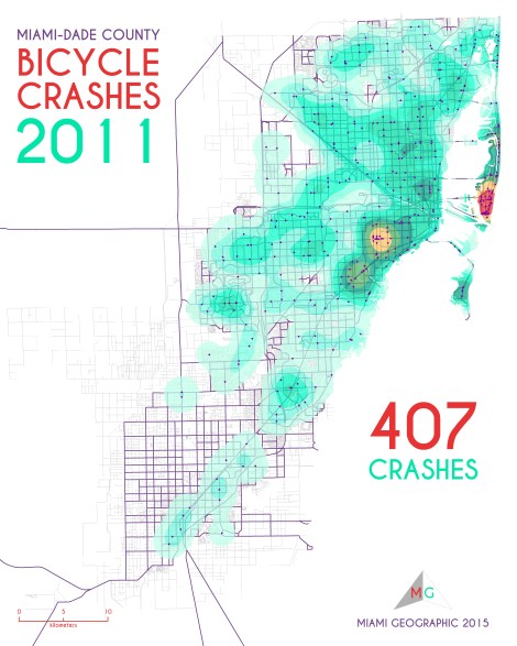 Miami-Dade Bicycle Crashes, 2011. Data Source: FDOT Safety Office. Map Source: Sebastien Lozano & Matthew Toro. 2015.