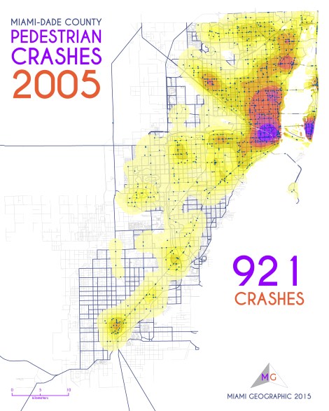 Miami-Dade Pedestrian Crashes, 2005. Data Source: FDOT Safety Office. Map Source: Sebastien Lozano & Matthew Toro. 2015.