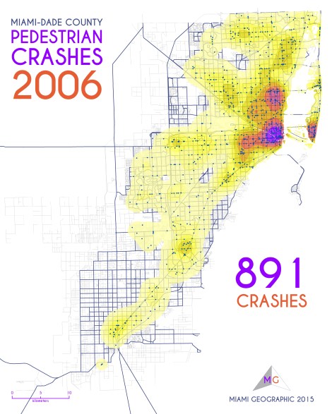 Miami-Dade Pedestrian Crashes, 2006. Data Source: FDOT Safety Office. Map Source: Sebastien Lozano & Matthew Toro. 2015.