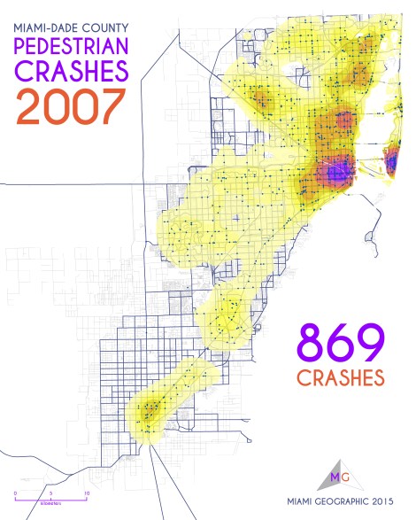 Miami-Dade Pedestrian Crashes, 2007. Data Source: FDOT Safety Office. Map Source: Sebastien Lozano & Matthew Toro. 2015.