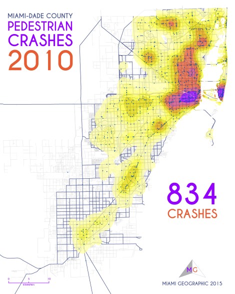 Miami-Dade Pedestrian Crashes, 2010. Data Source: FDOT Safety Office. Map Source: Sebastien Lozano & Matthew Toro. 2015.