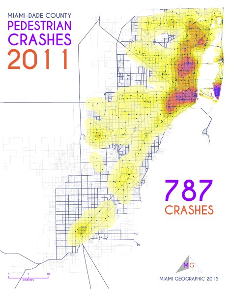 Miami-Dade Pedestrian Crashes, 2011. Data Source: FDOT Safety Office. Map Source: Sebastien Lozano & Matthew Toro. 2015.