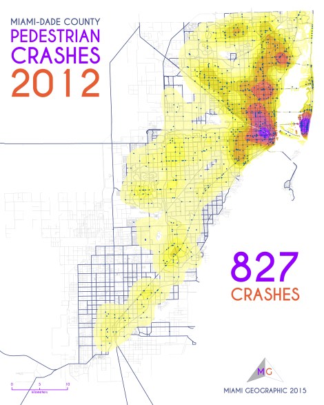 Miami-Dade Pedestrian Crashes, 2012. Data Source: FDOT Safety Office. Map Source: Sebastien Lozano & Matthew Toro. 2015.