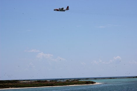 A United States Coast Guard patrol plane flies above a sub-group of the 23 Cubans who swam to shore. Photo Source: Matthew Toro. August 4, 2015.