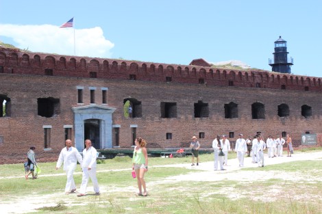 A couple hours after arriving, the men emerge from the residential quarters at Fort Jefferson in fresh white clothing provided by the park service. Photo Source: Matthew Toro. August 4, 2015.